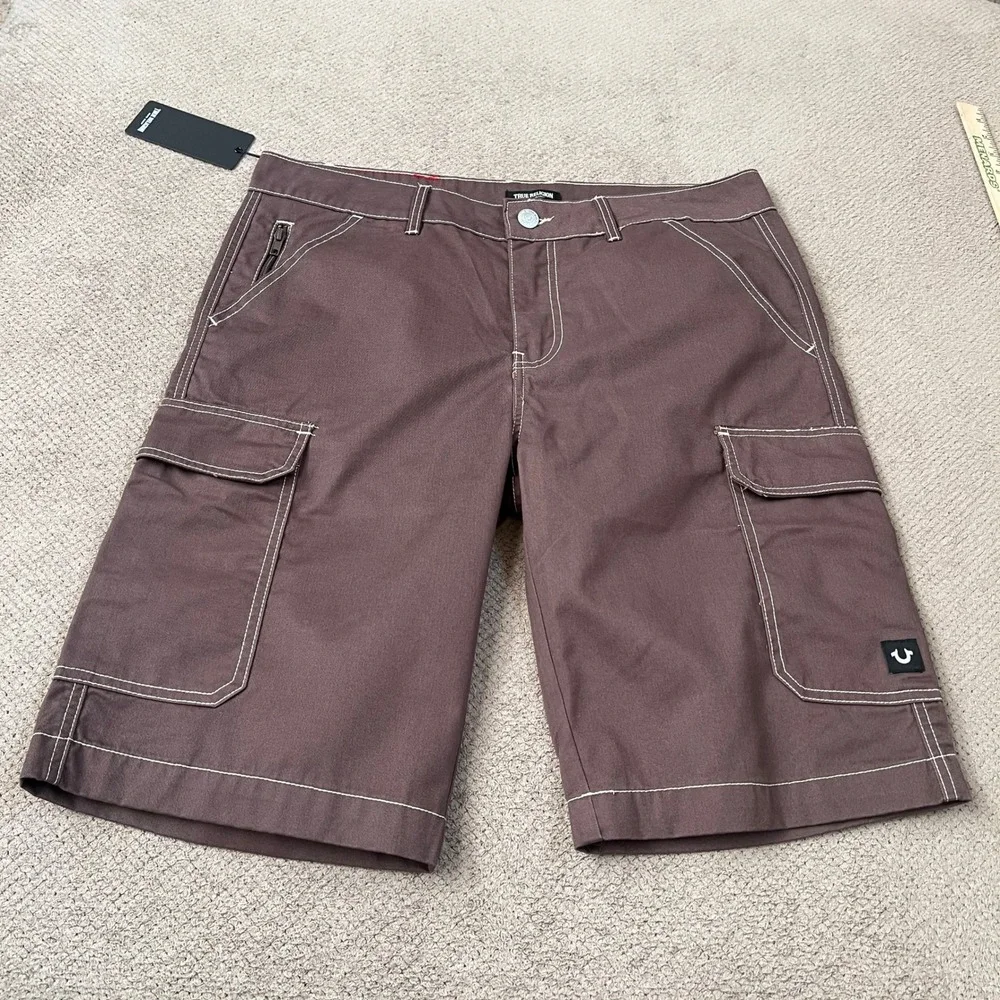 True Religion Mens Bracken Cargo Shorts Brown Contrast Stitch Y2K Style Size 34